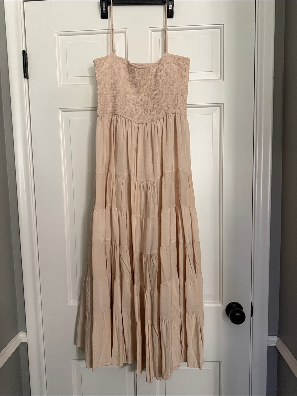 moodie Beige Smocked Spaghetti-Strap Tiered Maxi Dress